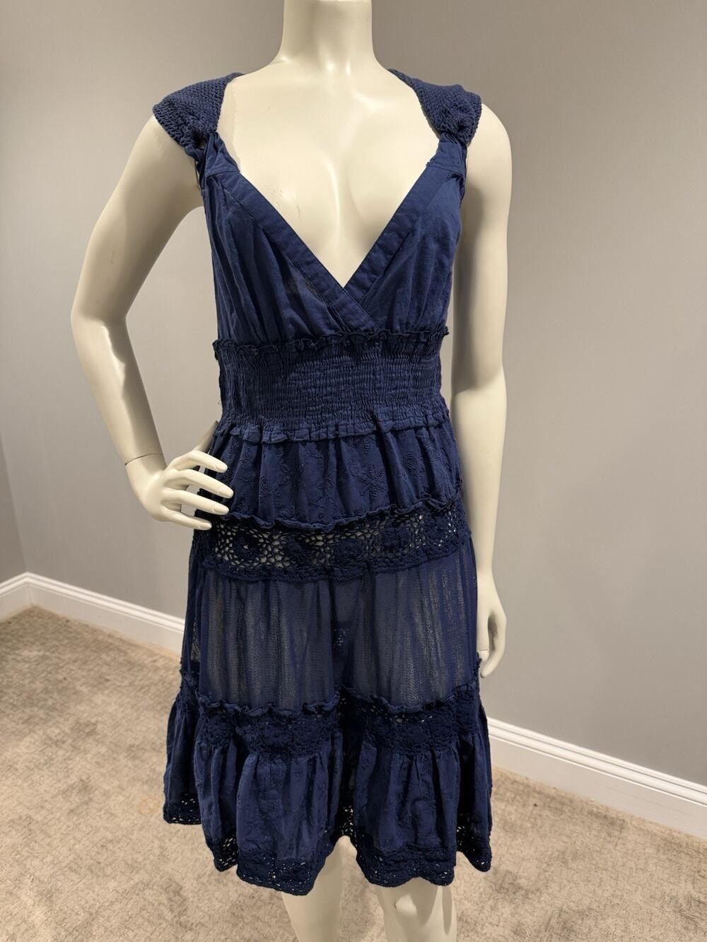 Boho Tracy Porter Blue Dress Sheer Floral Crochet Peasant Cottage Coastal Sz 4-6